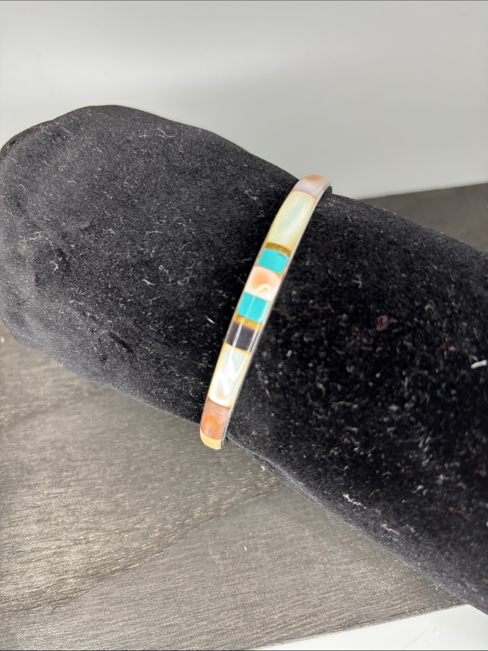 Silver plated Multicolor Inlay Bangle Bracelet - Turquoise, Coral, White, Brown